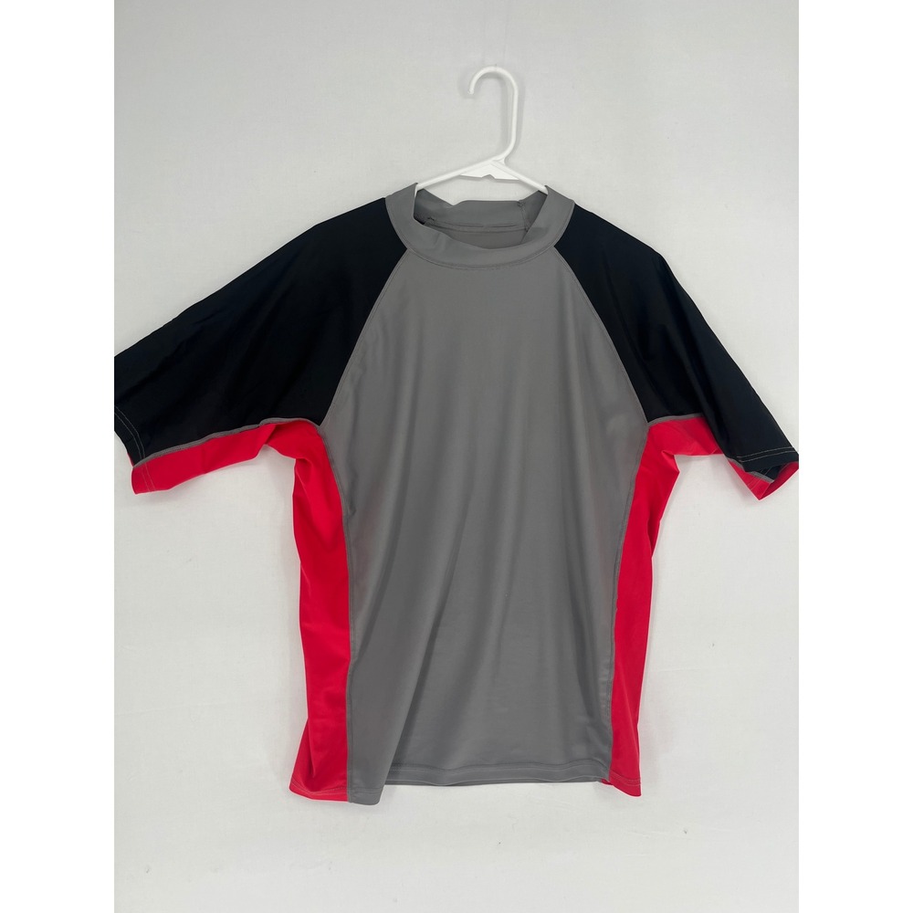 Phantom Aquatics Rash Guard Short Sleeve Swim Shirt Grey Black Red Colorblock